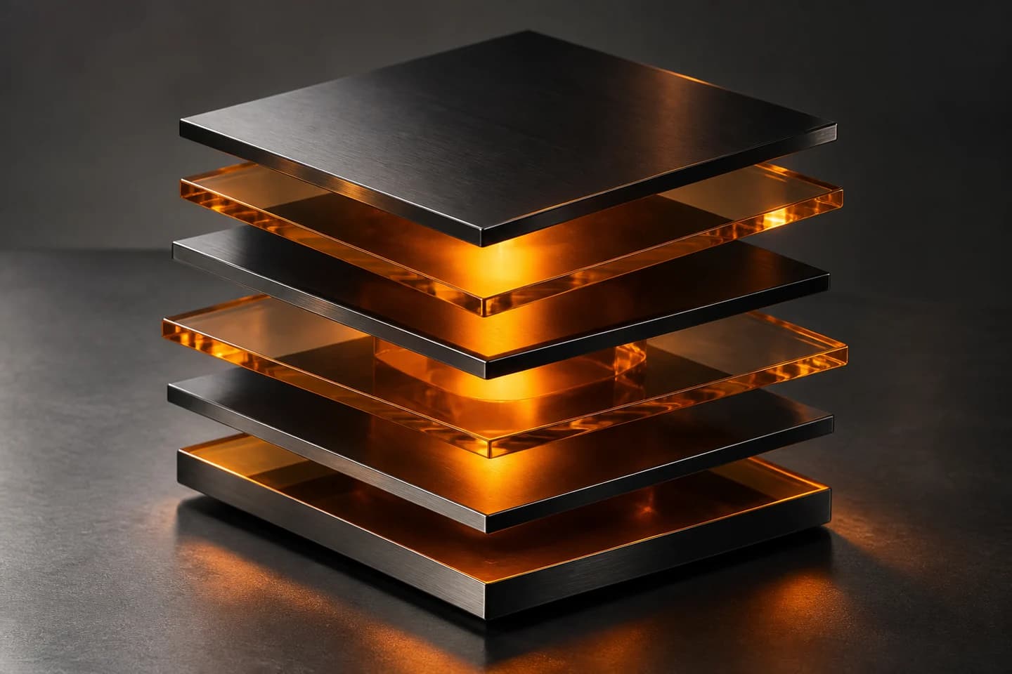 A precision assembly of amber glass and titanium, DataVedam’s visual study of connected layers.